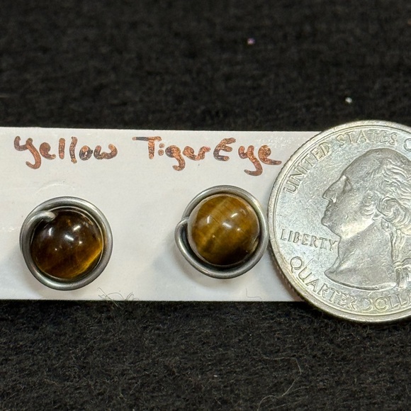 Stainless Steel Wire Wrapped Yellow Tiger Eye Studs - Picture 2 of 2